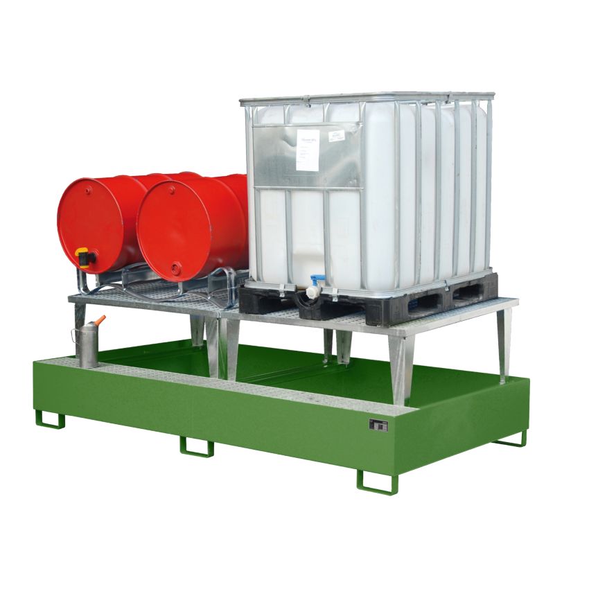 Bac de rétention acier verni avec rehausse 2 cubitainers ou 8 fûts, 1000 litres
