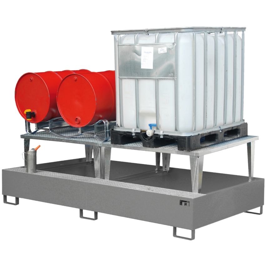 Bac de rétention acier galvanisé avec rehausse 2 cubitainers ou 8 fûts, 1000 litres